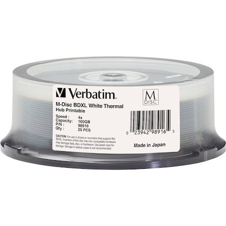 Verbatim M-DISC BDXL 100GB 4X WHITE THERMAL PRINTABLE, HUB PRINTABLE-25PK SPINDLE, 25PK 98916